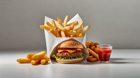 A cheeseburger sits beside a paper cone of french fries additional fries and nuggets are scattered...