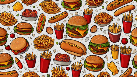 A repeating pattern featuring cartoon illustrations of burgers, french fries, hotdogs, and other fast food items on a mottled white background.  The style is bright and colorful.の写真素材