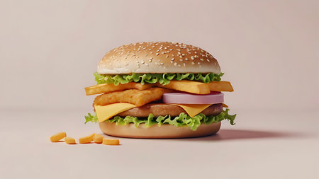 A minimalist illustration of a large burger with sesame seed bun lettuce cheese fries and onion slices on a pale pink background Some fries are scattered in the foregroundの写真素材