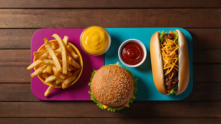 Overhead view of a colorful flatlay featuring a cheeseburger, hotdog with cheese, french fries, ketchup, and mustard on a pink and blue tray atop a brown wooden surface.の写真素材