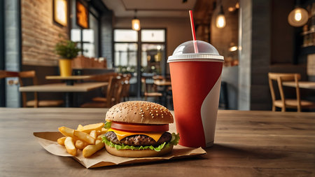 A cheeseburger with fries and a red soda cup sit on a brown wooden table against a blurred restaurant background. The lighting is warm and the overall mood is casual.の写真素材