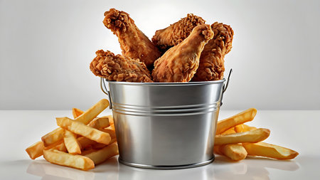 A silver metal bucket overflows with golden brown fried chicken pieces  Surrounding the bucket are piles of golden french fries The background is plain whiteの写真素材