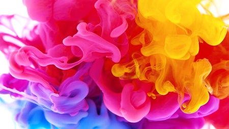 Swirling masses of pink purple blue and yellow ink create a vibrant abstract composition. The colors blend and intermingle dynamically.の写真素材