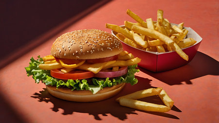 A cheeseburger with lettuce tomato and onion on a sesame seed bun sits next to a red container of french fries on a coral background.  Some fries are also scattered nearby.の写真素材