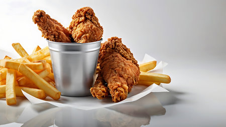 Golden brown fried chicken pieces in a silver metal bucket next to a pile of golden french fries on white paper.  The chicken has a visibly crunchy texture.の写真素材
