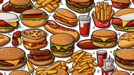 A repeating pattern of cartoon fast food items including burgers, fries, pizza, hotdogs, and drinks in various shades of red, yellow, and brown on a white background.の写真素材