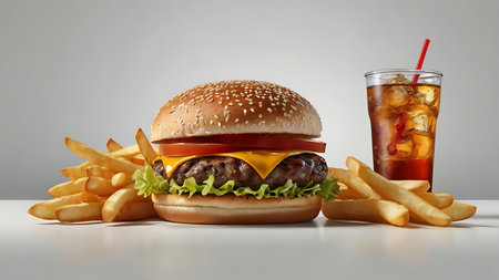 A closeup shot of a cheeseburger combo meal featuring a sesame seed bun burger with lettuce tomato and cheese, golden french fries and a glass of iced tea with ice and a red straw.の写真素材
