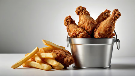 A silver metal bucket overflows with golden brown crispy fried chicken pieces Next to it is a pile of golden french fries. The setting is simple and bright.の写真素材