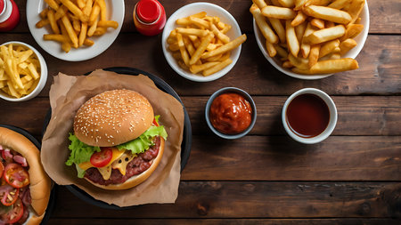 A cheeseburger sits in a black container on a brown wooden table surrounded by bowls of french fries and small bowls of red and brown sauces.の写真素材