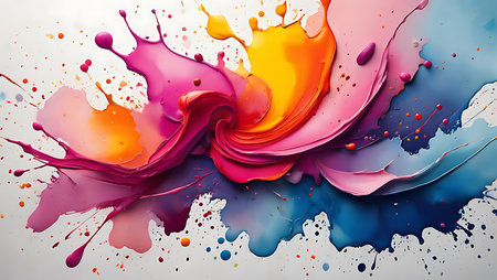 A dynamic abstract artwork featuring swirling splashes of pink orange and blue paint creating a vibrant and energetic composition.  The colors blend and contrast creating a visually striking effect.の写真素材