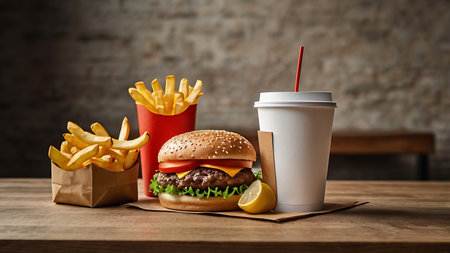A cheeseburger, two portions of french fries in paper containers, and a soda in a white cup sit on a rustic wooden table.  The colors are warm and inviting.の写真素材