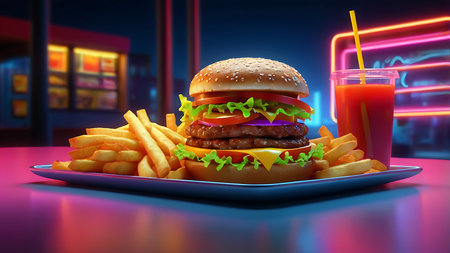A 3D rendered image depicts a double cheeseburger served with french fries and a drink on a tray in a neonlit diner setting.  The colors are vibrant pink blue and purple.の写真素材