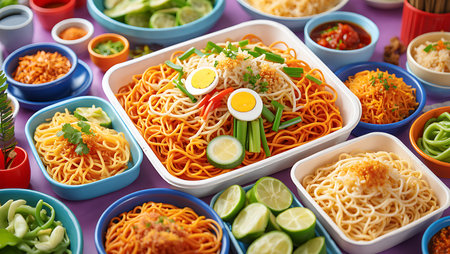 Multiple bowls of orange and yellow noodles various garnishes including sliced limes and hard boiled...