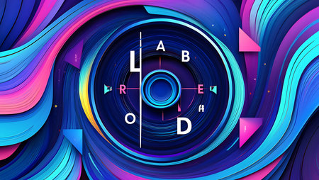 Vivid blue pink purple swirls surround a central LAB CODE graphic. The style is abstract and dynamic with layered textures.の写真素材
