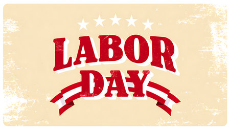 Red Labor Day text on beige background with white stars and red white ribbon. Grunge texture. Vintage style.の写真素材