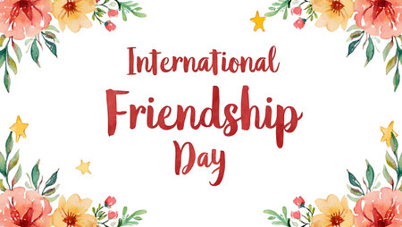 A watercolor illustration features peach and yellow flowers with green leaves arranged in corners surrounding the text International Friendship Day in red script. Small yellow stars are scattered around the floral design.の写真素材