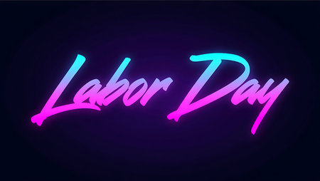 Neon pink and blue gradient text spelling Labor Day against a dark background.  The style is bold and stylized lettering.の写真素材