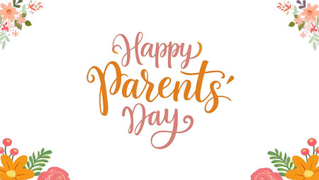 Orange and pink calligraphy text Happy Parents Day surrounded by corner floral arrangements of various flowers on a white background.の写真素材