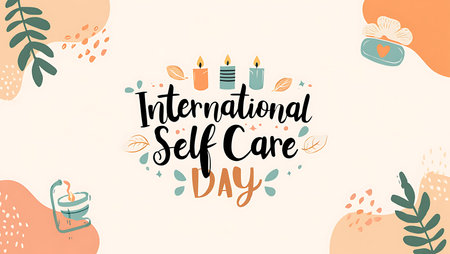 Pastel orange and teal candles with leaves and abstract shapes on a cream background The text International Self Care Day is in black script.の写真素材