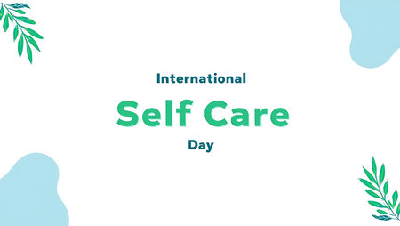 White background with teal and green stylized leaves in corners and central text reading International Self Care Day in teal and greenの写真素材
