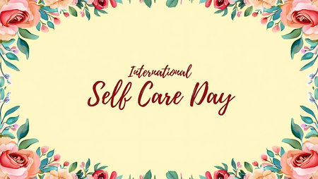 A pale yellow background features a watercolor floral border of pink orange and red roses and green leaves The text International Self Care Day is in maroon scriptの写真素材