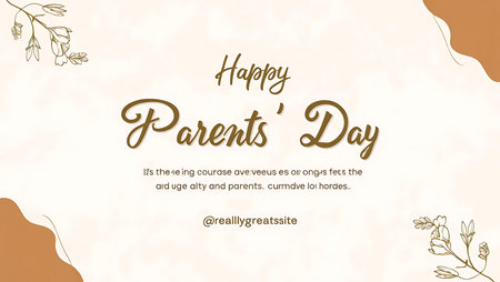 Beige background with brown cursive text Happy Parents Day and small brown line drawings of flowers in corners.の写真素材