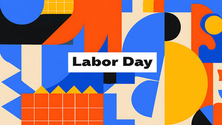 Bold geometric shapes in blue orange and yellow create a vibrant Labor Day design The composition features a variety of forms and textures with a modern and playful feelの写真素材