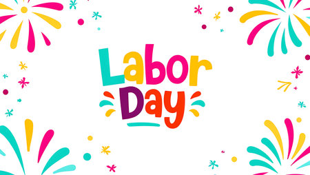 A vibrant Labor Day design features multicolored fireworks and stylized text on a white background.  The colors are bright and cheerful, creating a festive mood.の写真素材