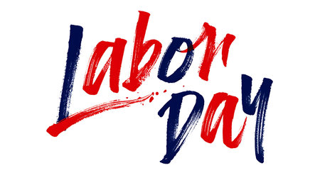 Red and blue brush lettering spelling Labor Day against a white background. The style is bold and expressive with visible brushstrokes.の写真素材