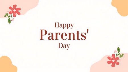 A white background features the text Happy Parents Day in dark red.  Pink and orange abstract shapes frame coral flowers in each corner. The style is simple and minimalist.の写真素材