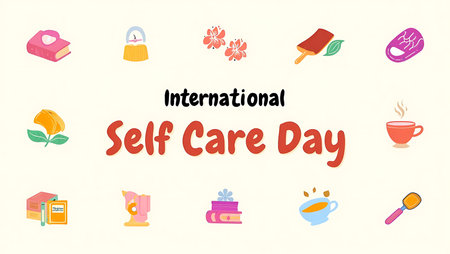 A beige background features colorful illustrations of self care activities including books teacups flowers and other relaxing items The text International Self Care Day is prominently displayedの写真素材