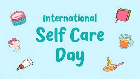 Light blue background features teal text International Self Care Day surrounded by hand drawn illustrations of a cream jar, notebook, teacup, lotion bottle and frying pan.の写真素材