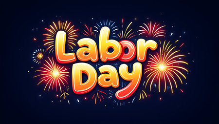 Bold orange and yellow Labor Day text set against a dark background surrounded by red and orange fireworks.  The style is cartoonish and celebratory.の写真素材
