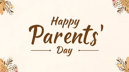Beige background with brown script text Happy Parents Day. Floral corner designs in muted orange and beige tones. Simple, elegant style.の写真素材