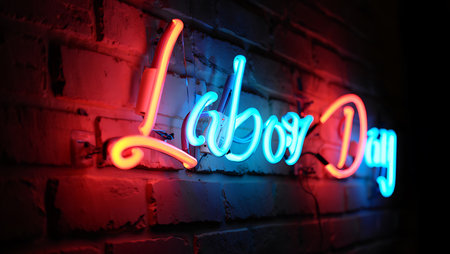 A neon sign reading Labor Day is mounted on a red brick wall The word Labor is in blue neon and Day is in red neon The lighting creates a warm and festive moodの写真素材