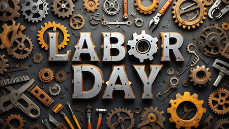 Grey background with metallic silver and gold gears surrounding 3D Labor Day lettering.  The letters appear aged and distressed. Tools are scattered around the letters.の写真素材
