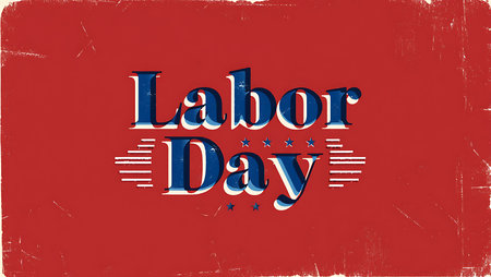 Red background with distressed texture features blue and white stylized Labor Day text layered with small stars and thin white stripes.の写真素材