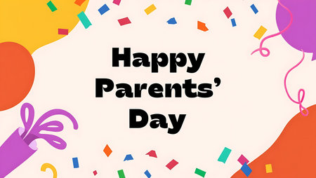 Off white background with bold black text Happy Parents Day surrounded by colorful confetti, a purple balloon, and a purple party popper.  Orange and yellow abstract shapes frame the design.の写真素材