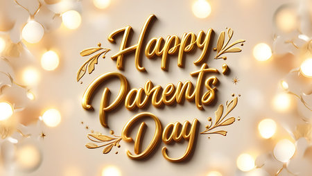 Gold Happy Parents Day lettering with ornate floral details on a beige background surrounded by warm glowing lights.の写真素材