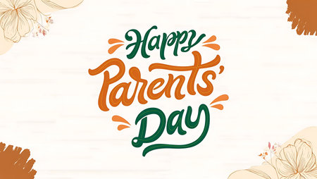 Orange and green stylized lettering Happy Parents Day on a white wood background with beige and orange floral accents.の写真素材
