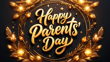 Gold 3D lettering Happy Parents Day encircled by a golden floral wreath against a dark background.  Stars and glowing elements add to the festive mood.の写真素材