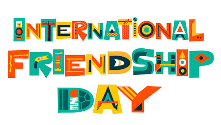 Colorful stylized typography spelling International Friendship Day with geometric patterns and icons incorporated into the letterforms.  Teal, orange, and yellow are prominent colors.の写真素材