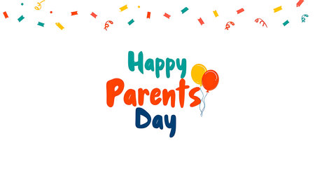 White background features Happy Parents Day text in teal orange and dark blue. Two balloons orange and yellow are to the right. Confetti in various colors is at the top.の写真素材