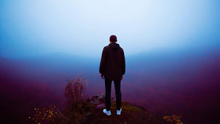 A man stands on a small hilltop overlooking a vast, misty landscape. The colors are predominantly deep purple and blue, creating a moody and serene atmosphere. The man is wearing a dark jacket and white sneakers.の写真素材