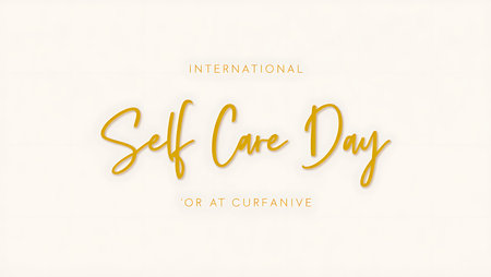 Gold script lettering spelling International Self Care Day on a white background. Minimalist design with elegant typography.の写真素材