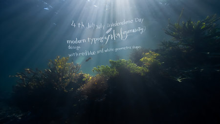 Underwater scene with sunlight beams illuminating dark green algae and plants.  Red blue and white geometric shapes and text overlay.の写真素材