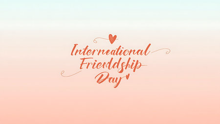Peach and pink gradient background with coral International Friendship Day text and small hearts.  Soft, pastel colors create a gentle mood.の写真素材