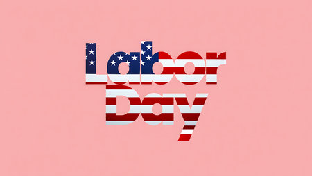 Pink background with Labor Day text styled as an American flag The words are bold and stacked vertically.の写真素材