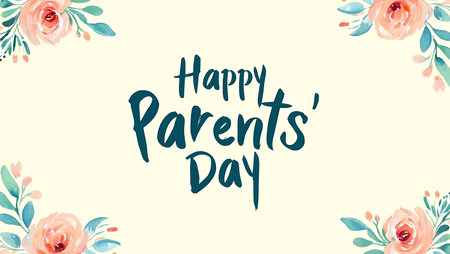 Cream background features dark teal Happy Parents Day lettering centered  Peach and pink watercolor roses and blue green leaves frame the textの写真素材