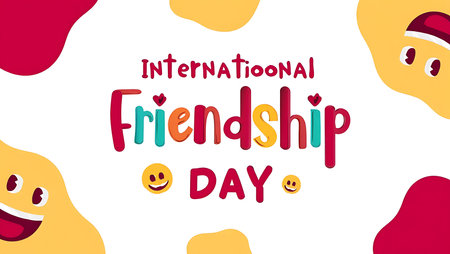A white background features the text International Friendship Day in multicolored lettering.  Smiling emojis and abstract red and yellow shapes surround the text. The style is playful and celebratory.の写真素材